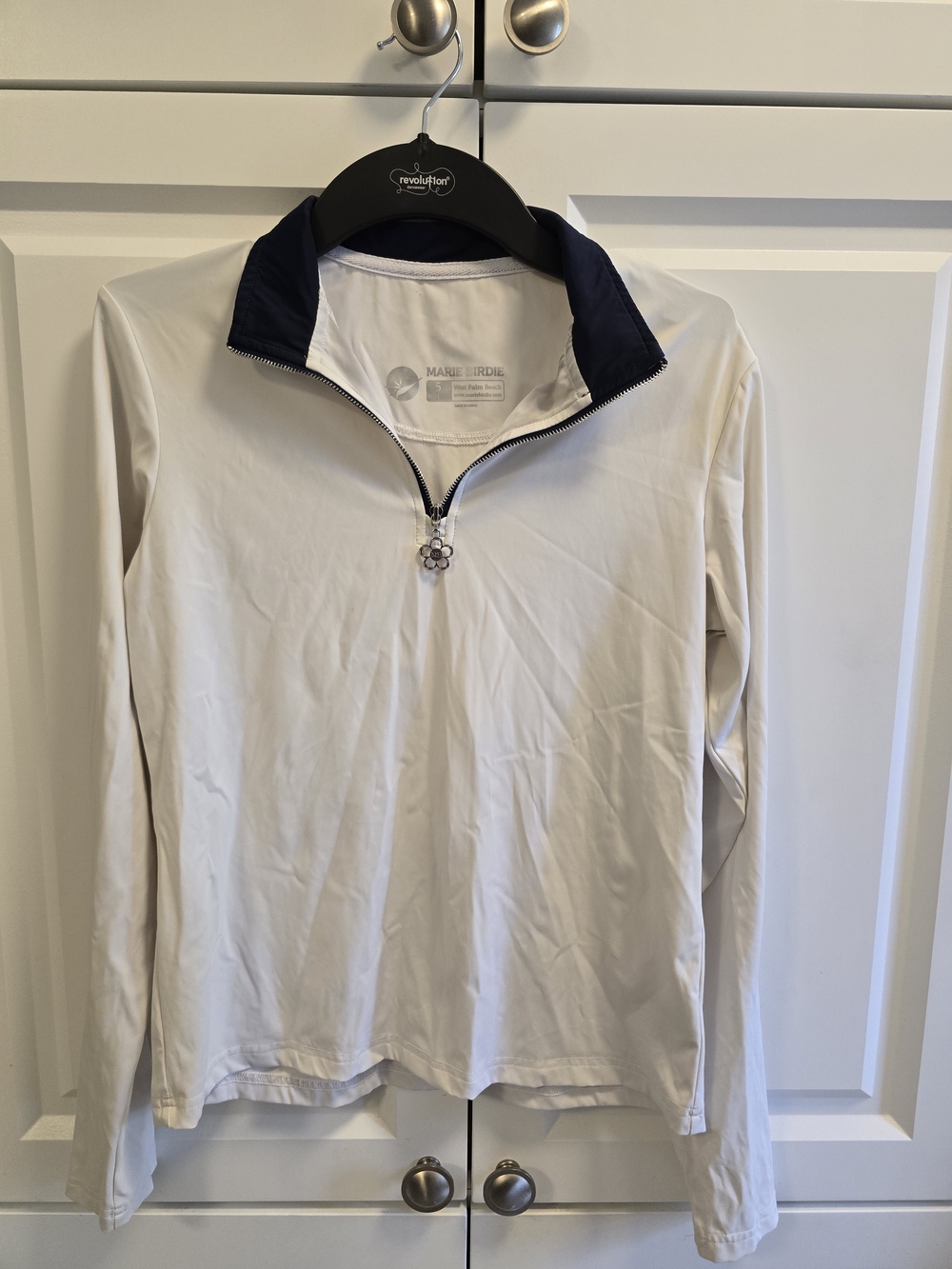 Marie Birdie "Slay It" Quarter-Zip Long Sleeve Golf Shirt - White/Navy - Size L